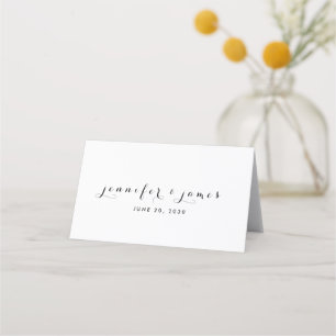 Minimal Elegant Script Black White Names Wedding Place Card