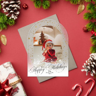 Minimal Elegant Script Christmas Card Arch Photo Acrylic Invitations