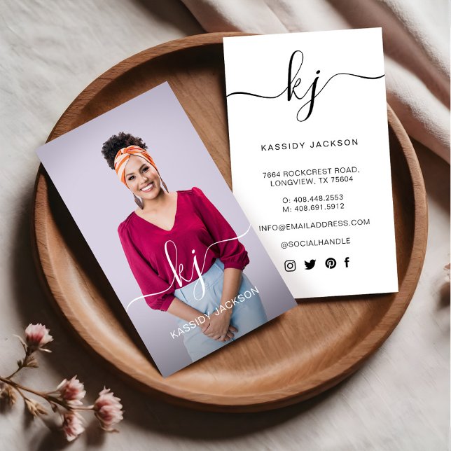Minimal Elegant Script Monogram Professional Photo Business Card (Elegant Script Calligraphy Monogram Logo & Photo Business Card)