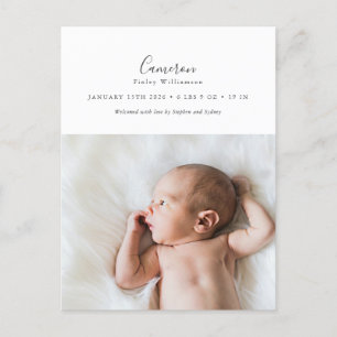 Minimal Elegant Script Photo Birth Announcement Postcard