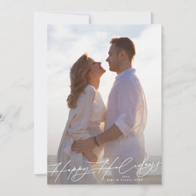 Minimal Elegant Script Photo Happy Holiday Card (Front)
