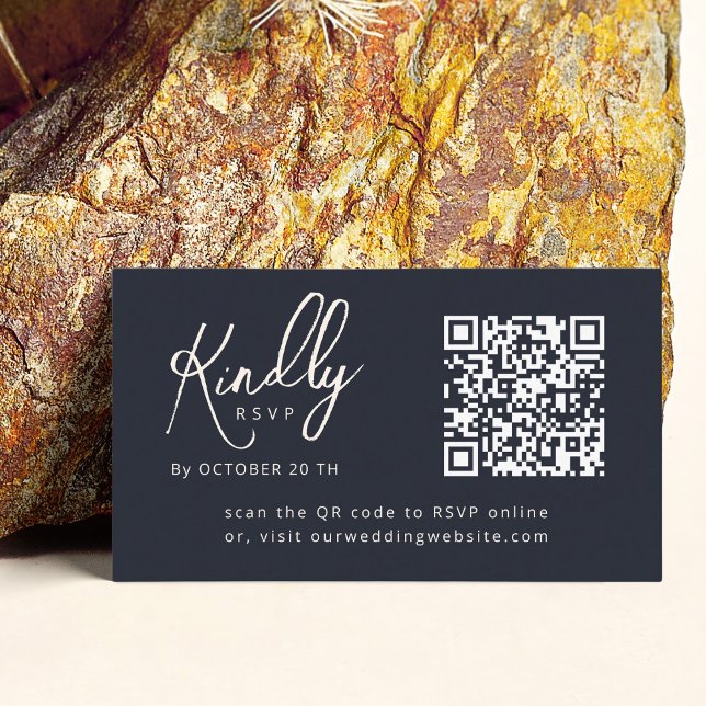 Minimal Elegant Script QR code Dark Navy Wedd RSVP Enclosure Card (Creator Uploaded)