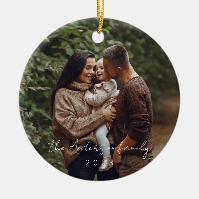 Minimal Elegant Simple Christmas Family Photo Ceramic Tree Decoration (Front)