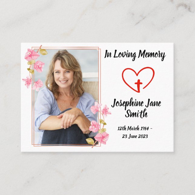 Minimal Elegant Sympathy Floral Photo Prayer Card (Front)