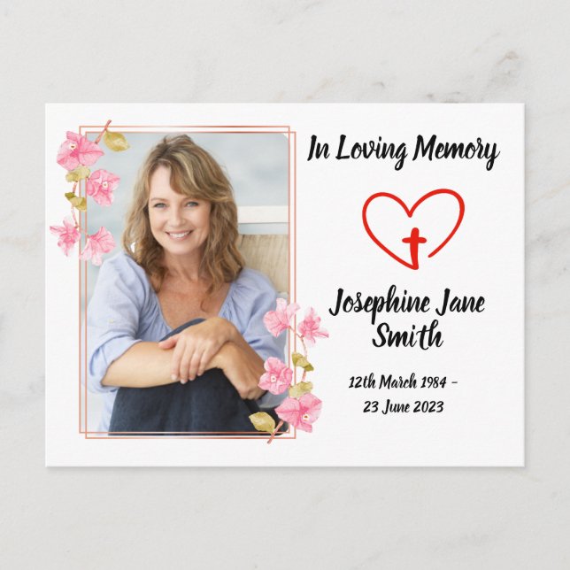 Minimal Elegant Sympathy Floral Photo Prayer Card (Front)