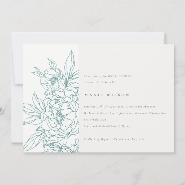 Minimal Elegant Teal Floral Sketch Bridal Shower Invitation (Front)