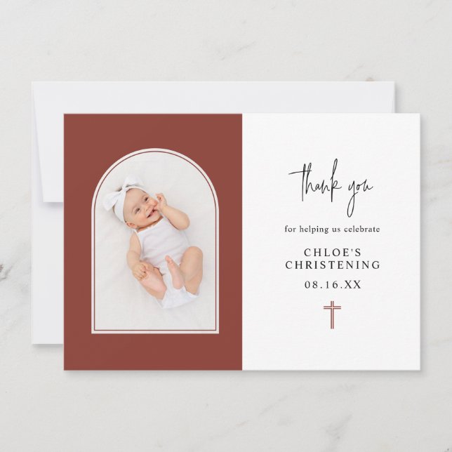 Minimal Elegant Terracotta Arch Photo Christening Thank You Card (Front)