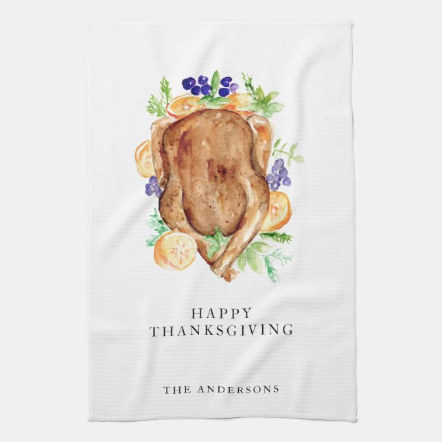 Minimal Elegant Thanksgiving Dinner Custom Name Tea Towel (Vertical)