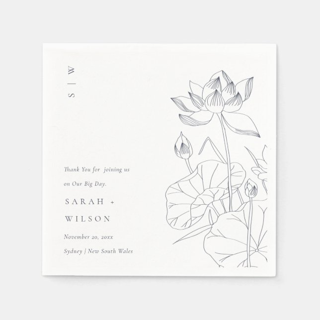 Minimal Elegant Waterlily Floral Sketch Wedding Napkin (Front)