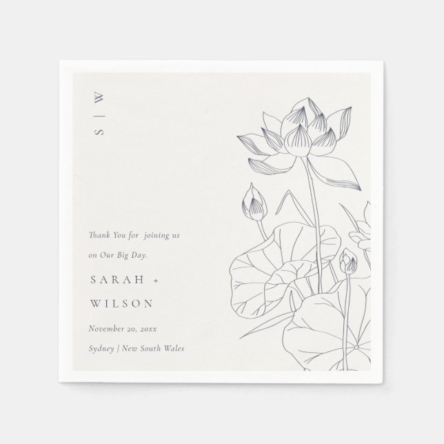 Minimal Elegant Waterlily Floral Sketch Wedding Napkin (Front)