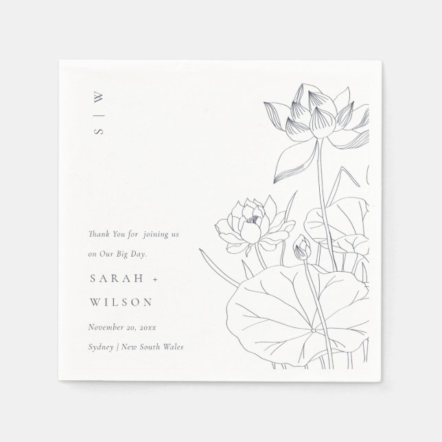 Minimal Elegant Waterlily Floral Sketch Wedding Napkin (Front)