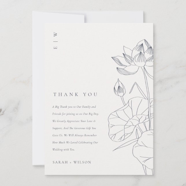 Minimal Elegant Waterlily Floral Sketch Wedding Thank You Card (Front)