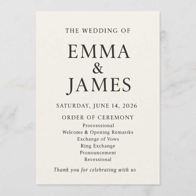 Minimal Elegant Wedding Program | Ivory Ceremony Programme (Front)