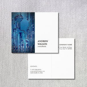 Minimal Elegant White Blue CircuitBoard Consultant Business Card
