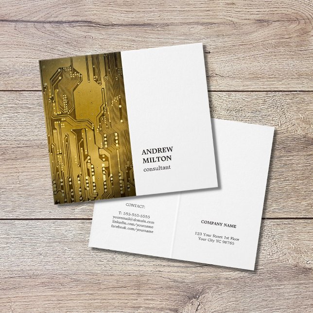Minimal Elegant White Gold CircuitBoard Consultant Business Card (Creator Uploaded)