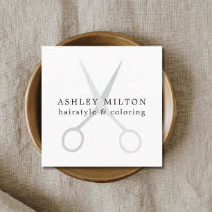 Minimal Elegant White Grey Scissors Hair Stylist Square Business Card