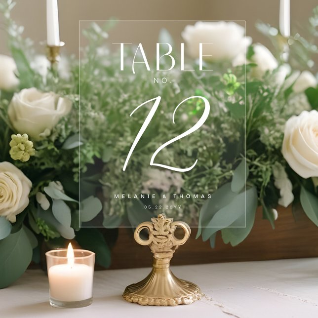 Minimal Elegant White Script Wedding Table Number Acrylic Sign (Minimal Elegant Black Script Wedding Table Number Acrylic Sign)