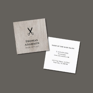 Minimal Elegant Wooden Black Scissor Hair Stylist Square Business Card