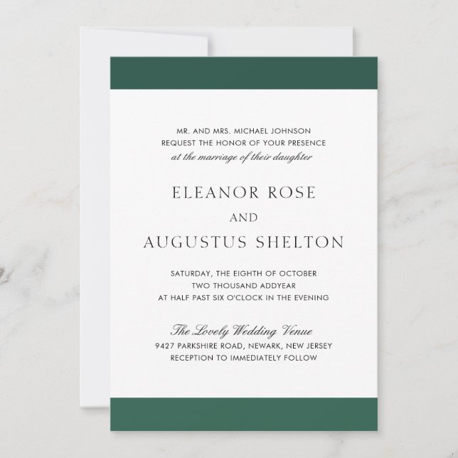 Minimal Emerald Green Elegant Modern Wedding Invitation (Front)