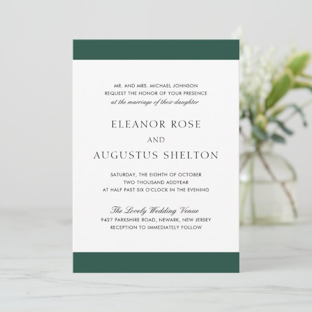 Minimal Emerald Green Modern All In One Wedding Invitation (Standing Front)