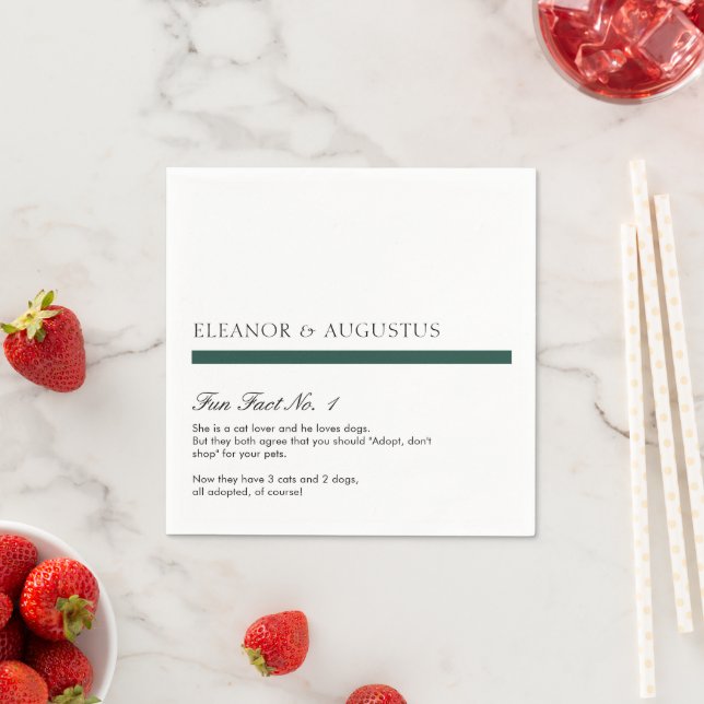 Minimal Emerald Green Modern Fun Facts Wedding Napkin (Insitu)
