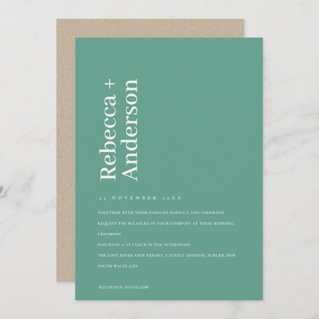 MINIMAL EMERALD GREEN TYPOGRAPHY WEDDING INVITE (Front/Back)