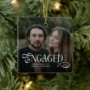 Minimal Engaged Couples Photo Stylish Christmas Ceramic Ornament