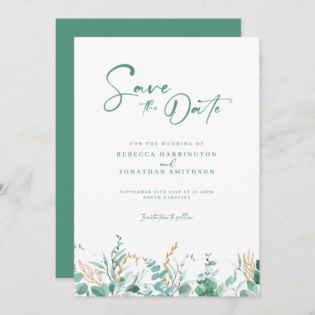 Minimal Eucalyptus Gold Wedding Save The Date (Front/Back)