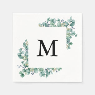 Minimal Eucalyptus Green Leaf Monogram Wedding Napkin