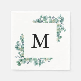 Minimal Eucalyptus Green Leaf Monogram Wedding Napkin