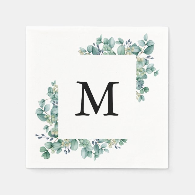 Minimal Eucalyptus Green Leaf Monogram Wedding Napkin (Front)