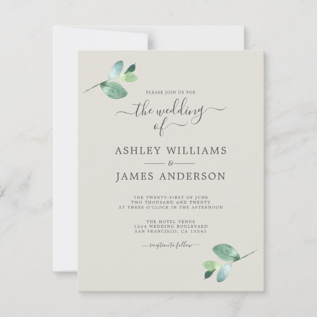 Minimal Eucalyptus Greenery Elegant Script Invitation (Front)