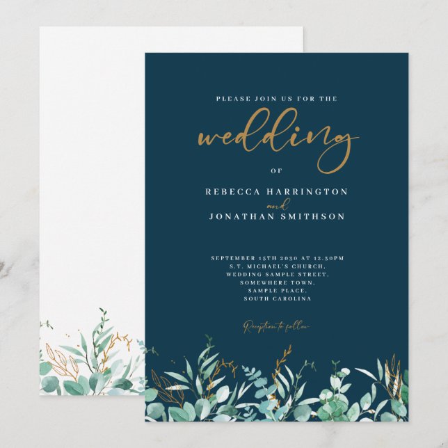 Minimal Eucalyptus Leaf Gold Navy Wedding Invitation (Front/Back)