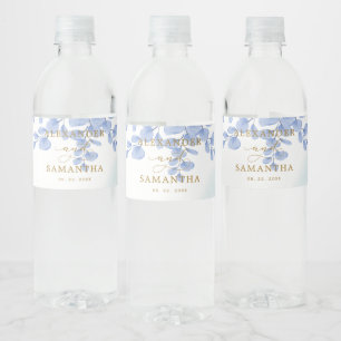 Minimal Eucalyptus Leaves Gold Dusty Blue Wedding Water Bottle Label