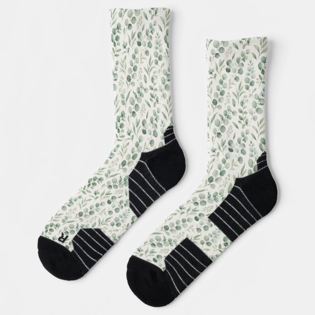 Minimal Eucalyptus Leaves Seamless Pattern Socks (Left)