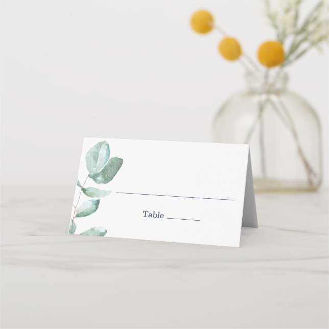 Minimal Eucalyptus Navy Blue Wedding Place Card (Front)