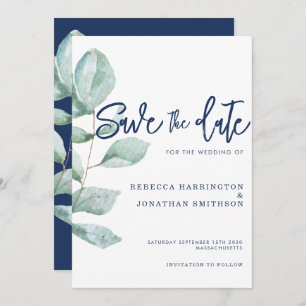 Minimal Eucalyptus Navy Blue Wedding Save The Date Invitation