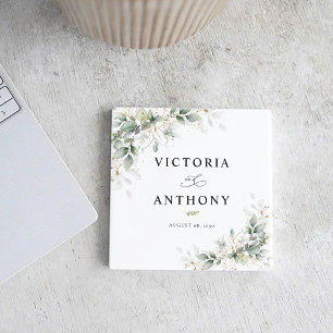 Minimal Eucalyptus Square Wedding Coaster