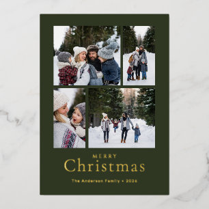 Minimal Family 4 Photo Black Merry Christmas Foil Holiday Card