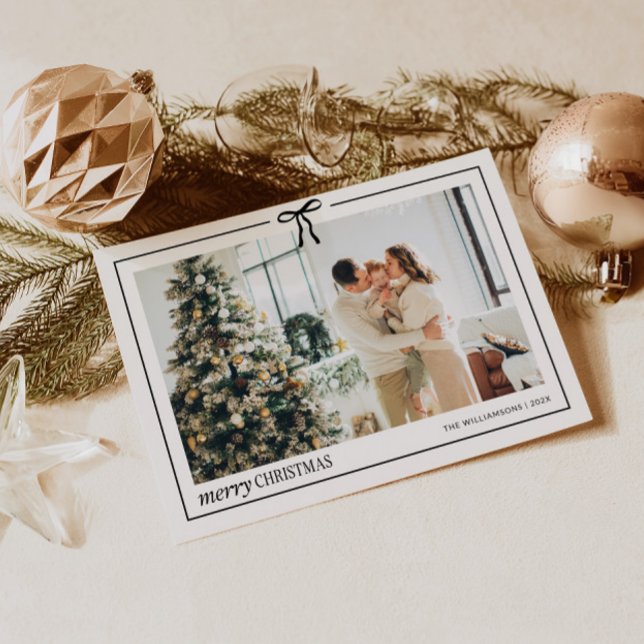 Minimal Family Photo Christmas Card with Bow (Landscape Simple Family Photo Christmas Card)