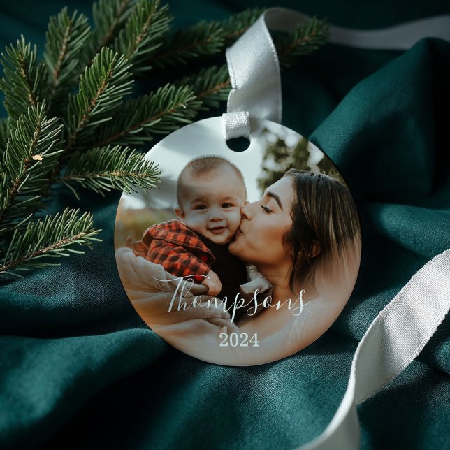 Minimal Family Photo Custom Name Script & Year Ornament (Minimal Family Photo Custom Name Script & Year Ornament)