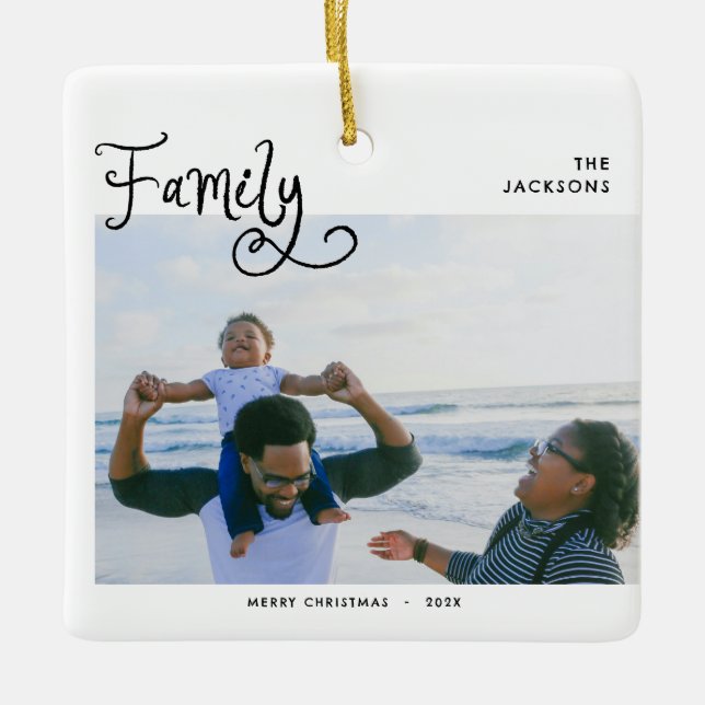 Minimal Family Photo Whimsical Merry Christmas  Ceramic Ornament (Front)