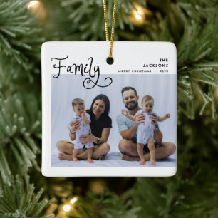 Minimal Family Photo Whimsical Merry Christmas Ceramic Ornament