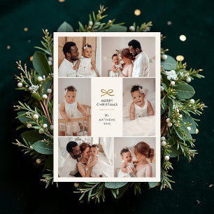 Minimal Faux Foil Bow Six Photo Collage Christmas Holiday Card