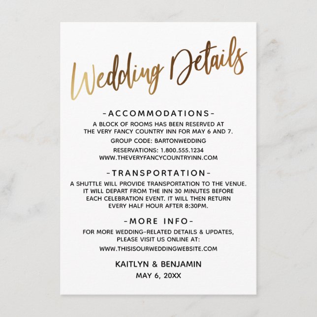 Minimal Faux Gold Typography Wedding Details Enclosure Card (Front)