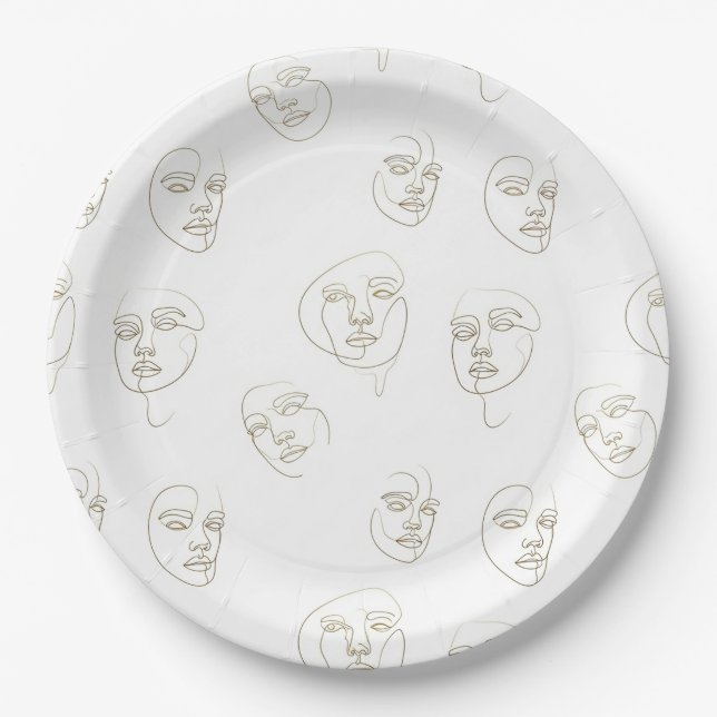 Minimal Female Face Line Pattern (2) Paper Plate (Front)