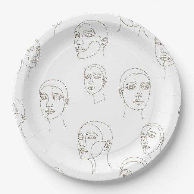 Minimal Female Face Line Pattern (3) Paper Plate (Front)