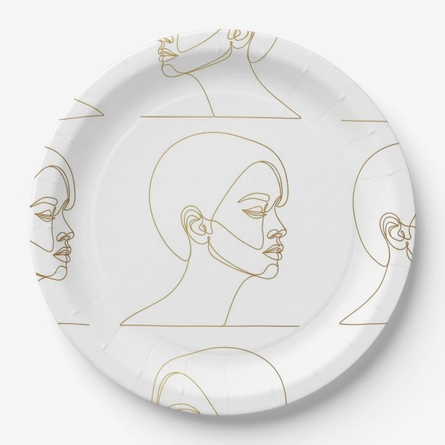 Minimal Female Face Line Pattern (4) Paper Plate (Front)
