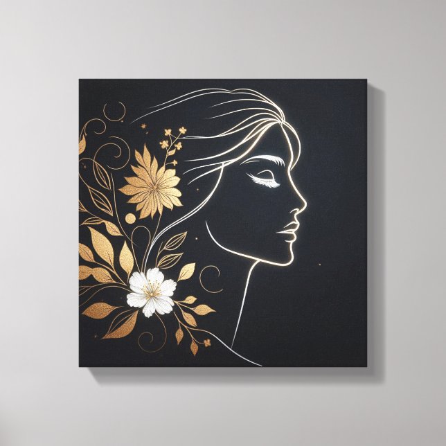 Minimal Feminine Line Art with Golden Flowers Canvas Print (Front)