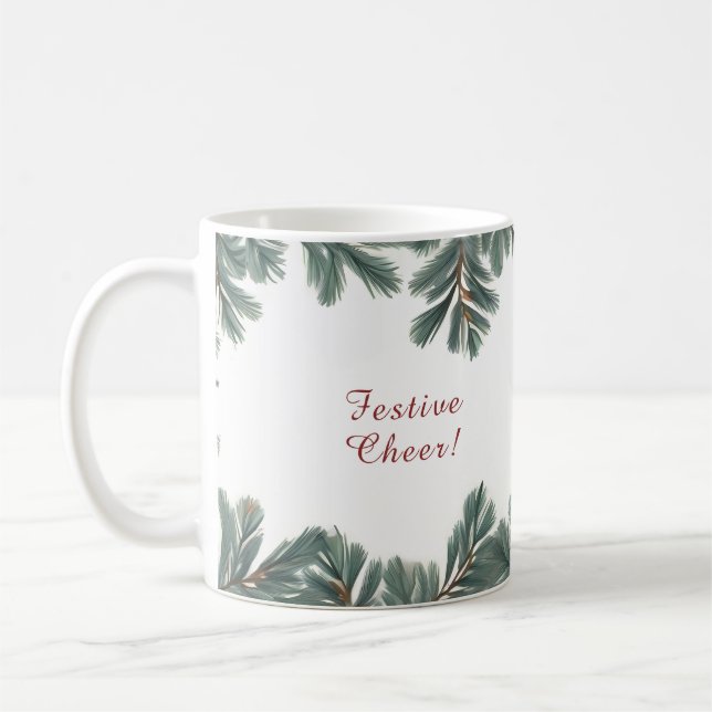 Minimal Festive Christmas Holiday Cheer Pine Bough Coffee Mug (Left)
